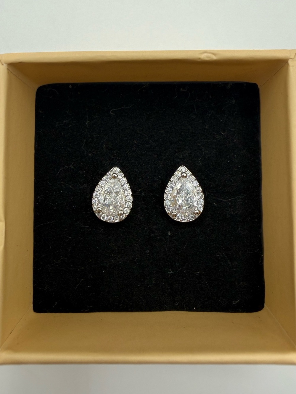 Pear-Cut Halo Stud Earrings in Silver Tone - Clear Sparkle NWOT